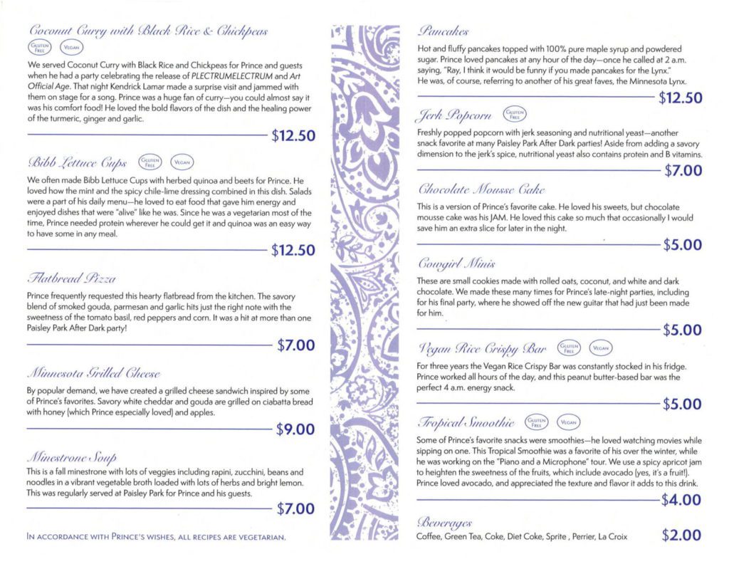 Paisley Park Food Menu
